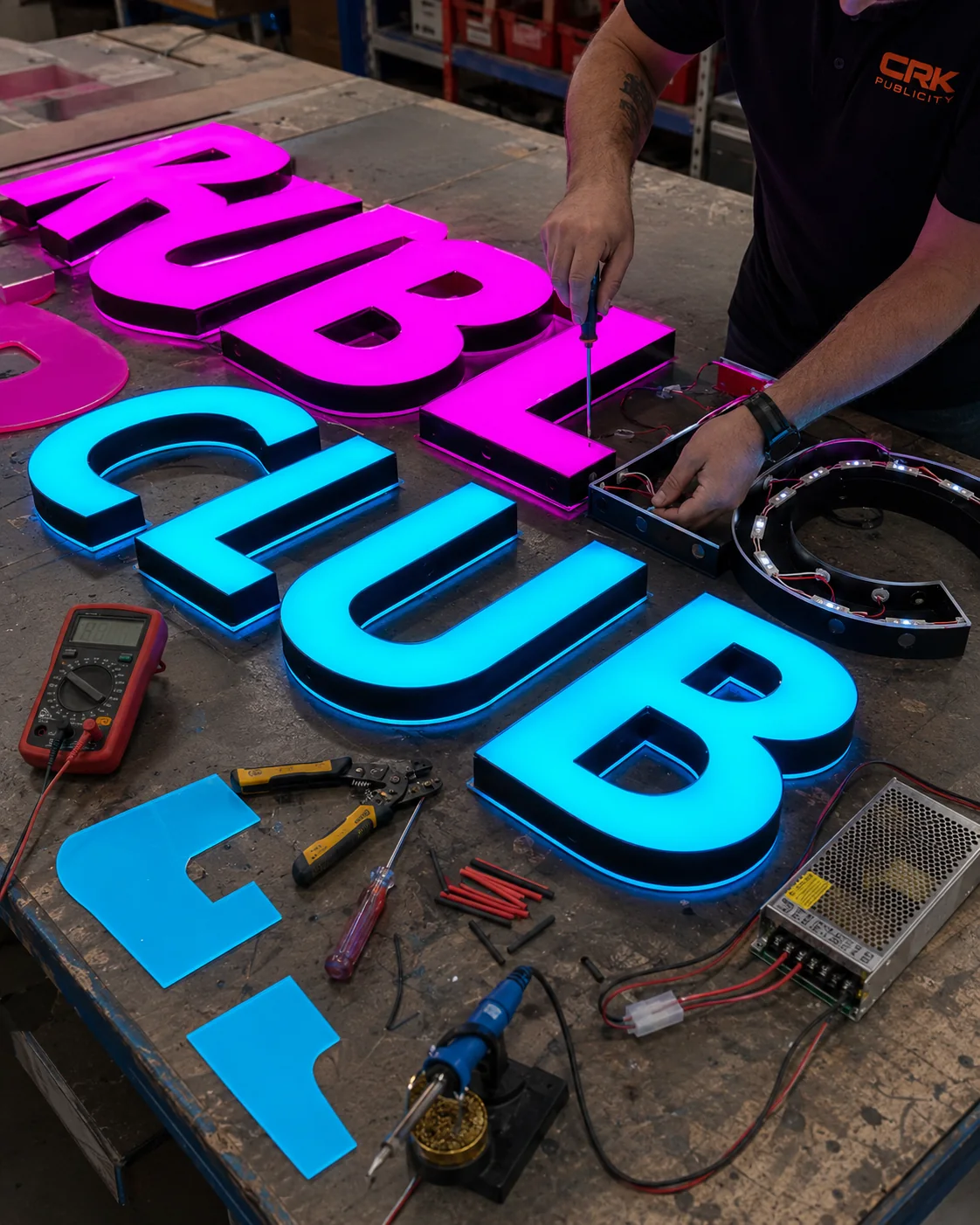 Fabricaci&oacute;n de letras luminosas en el taller de CRK Publicity