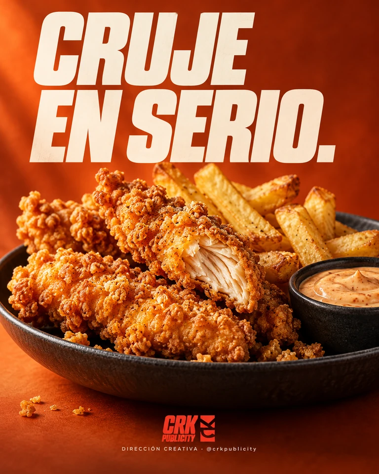 Poster de pollo crujiente con papas sobre fondo naranja, titular Cruje en serio y logo CRK Publicity