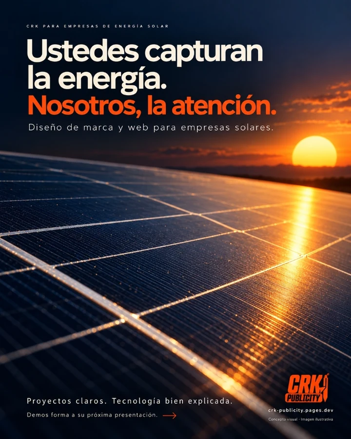 Poster publicitario de CRK Publicity para empresas de energía solar con paneles fotovoltaicos al atardecer y titular Ustedes capturan la energía. Nosotros, la atención.