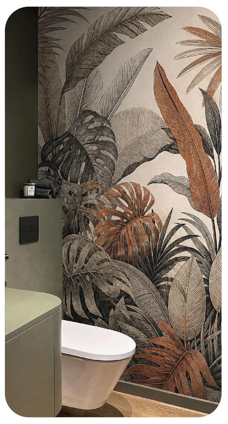 Fotomural tropical en tonos terracota aplicado en una pared interior