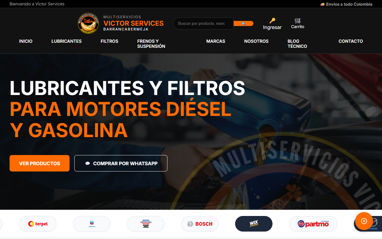 Sitio web de lubricantes y filtros de Victor Services SAS